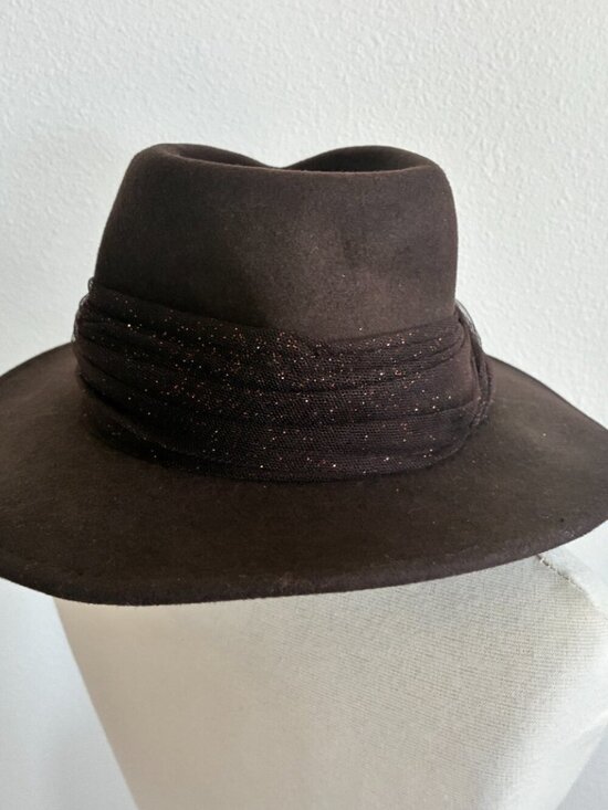 Eugenia Kim Wool Felt Hat Brimmed Fedora Metallic Glitter Tulle